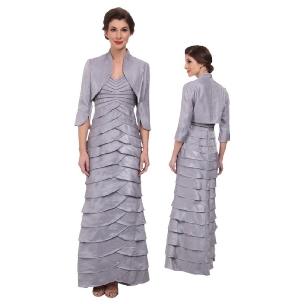 Adrianna Papell Silver Formal Wedding Cocktail Shimmer Tiered Ruffle Dress 6/8